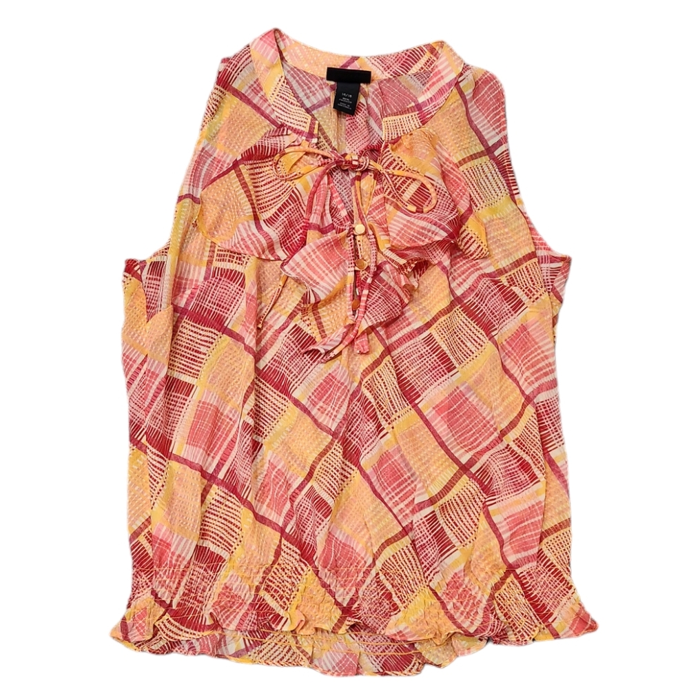 Lane Bryant Ruffled Printed Sleeveless Orange Sheer Blouse Top V-Neck 14/16